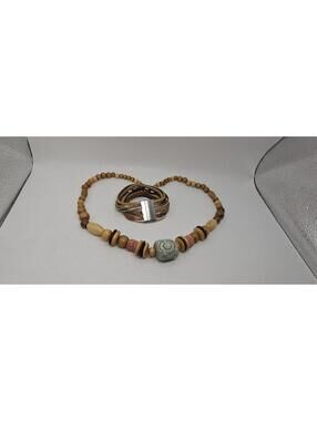 Wooden Terracotta Stone Necklace with Multi-Strand Leather Bracelet Set